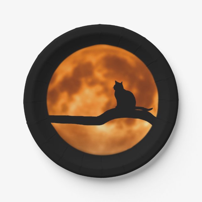 Silhouette of a Black Cat in a Tree Paper Plates (Front)