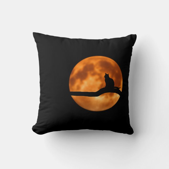 Silhouette of a Black Cat in a Tree Throw Pillow (Front)