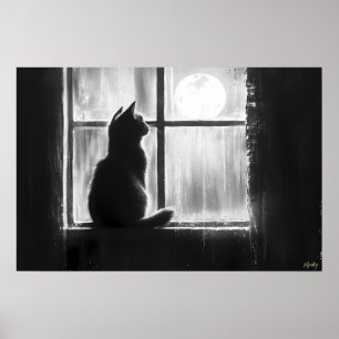 Silhouette of a Cat by the Window in Moonlight Poster