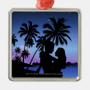 Silhouette of a couple embracing on the beach metal ornament