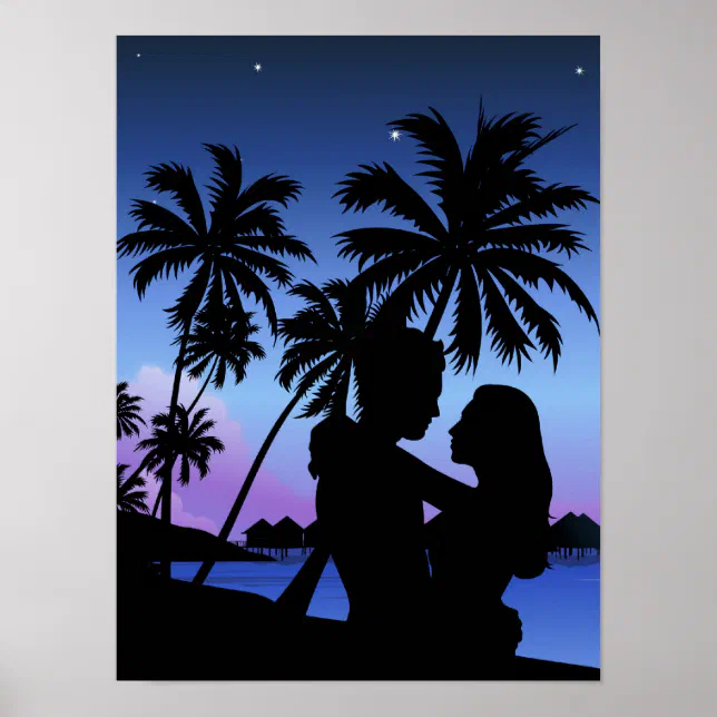 Silhouette of a couple embracing on the beach poster | Zazzle