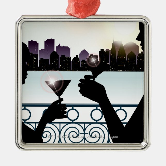 Silhouette of a couple toasting martini glasses metal ornament (Front)