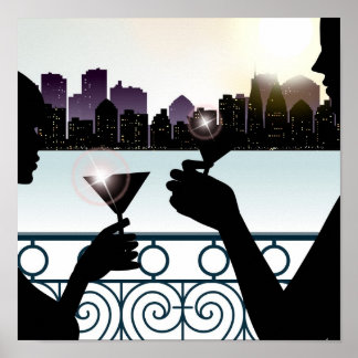 Silhouette of a couple toasting martini glasses poster