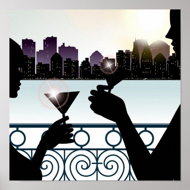 Silhouette of a couple toasting martini glasses poster (Front)