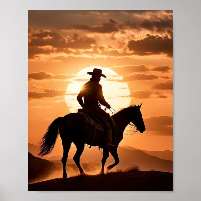 Silhouette of a Cowboy on Horseback at Sunset Poster (Front)