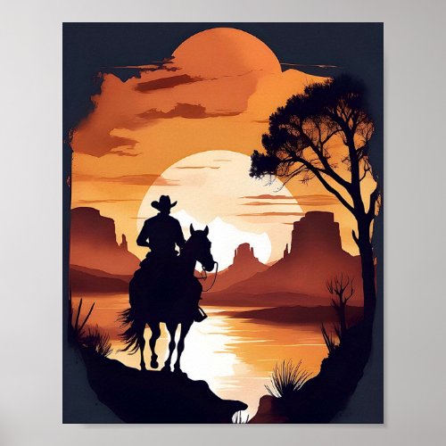 Silhouette of a Cowboy on Horseback in Desert Post Poster