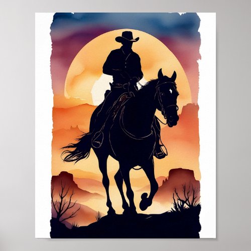 Silhouette of a Cowboy on Horseback in Desert Post Poster
