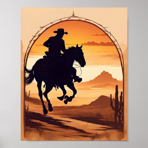 Silhouette of a Cowboy on Horseback in Desert Poster