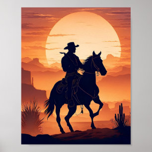 Silhouette of a Cowboy on Horseback Setting Sun Poster