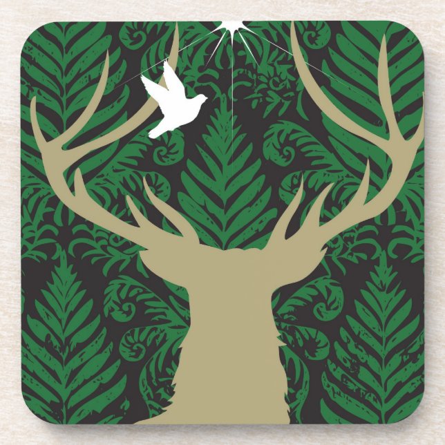Silhouette of a deer, a dove and a star against a beverage coaster (Front)
