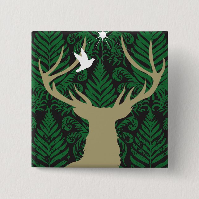 Silhouette of a deer, a dove and a star against a button (Front)