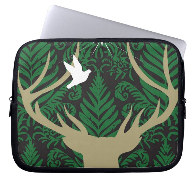 Silhouette of a deer, a dove and a star against a laptop sleeve (Front)
