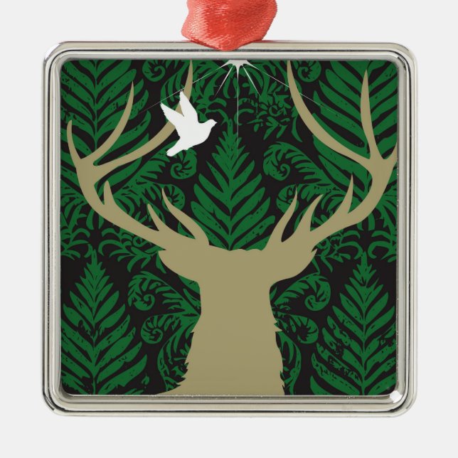Silhouette of a deer, a dove and a star against a metal ornament (Front)