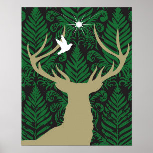Silhouette of a deer, a dove and a star against a poster
