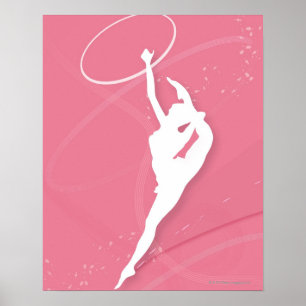 Silhouette of a female gymnast performing with a poster