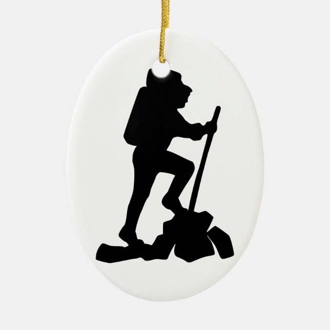 Silhouette of a Hiker Hiking Up a Mountain Ceramic Ornament (Front)