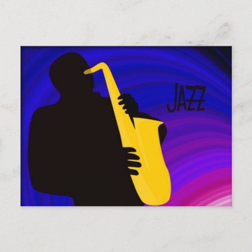 Silhouette of a jazz player blue  purple postcard