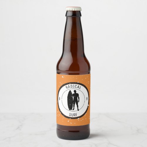 Silhouette ofa surferandsurfboard beer bottle label