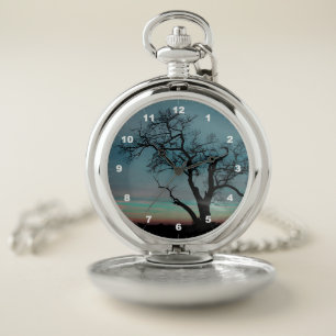 Silhouette of a Tree at Sunset Pocket Watch