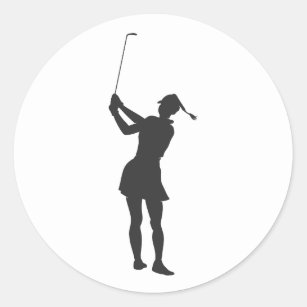 Silhouette of a woman playing golf classic round sticker