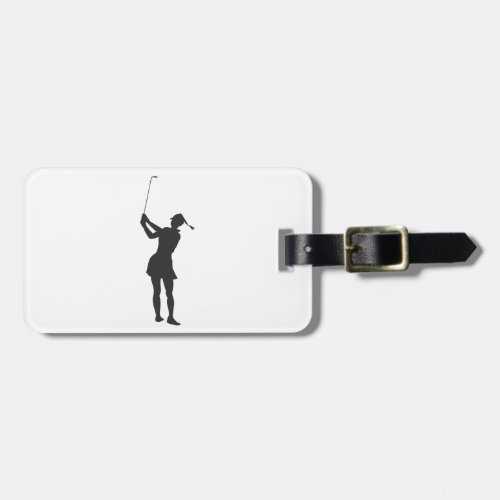 Silhouette of a woman playing golf luggage tag