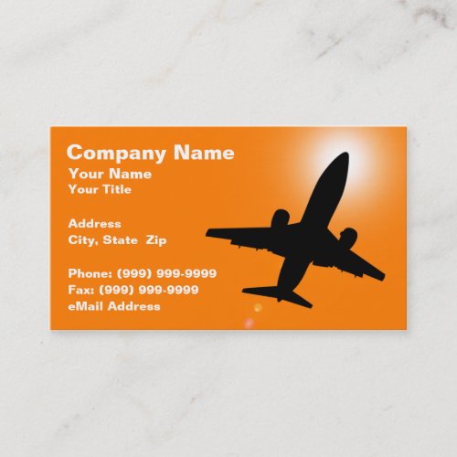Silhouette of Airplane Against Sunset Colored Sky Business Card Template
