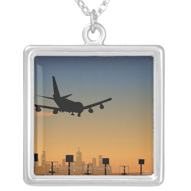 Silhouette of an airplane in flight silver plated necklace (Front)