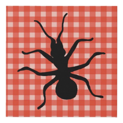 Silhouette of Big Black Ant on Red White Plaid Faux Canvas Print