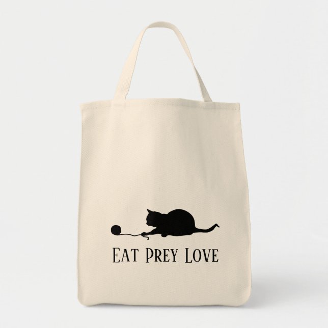 Silhouette of Cat at Play "Eat Prey Love" Tote Bag (Front)