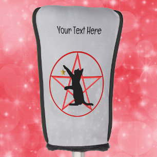 Silhouette of cat on Red Pentagram in Circle Grey Golf Head Cover