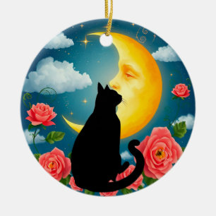 Silhouette Of Cat Sitting Before Moon Ceramic Ornament