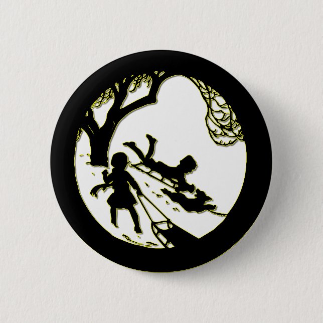 Silhouette of children sledding with their dog pinback button (Front)