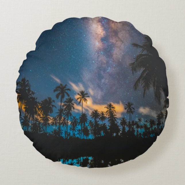 Silhouette of coconut trees reflected on body of w round pillow (Front)
