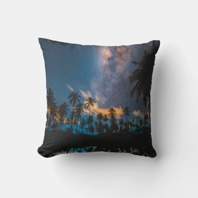 Silhouette of coconut trees reflected on body of w throw pillow (Front)