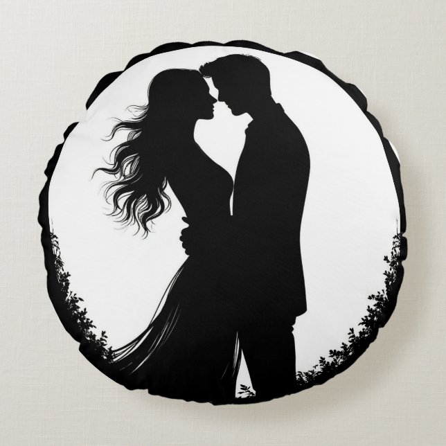 Silhouette Of Couple Embracing Face-To-Face Round Pillow (Front)