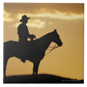 Silhouette of cowboy on horseback at sunset or tile