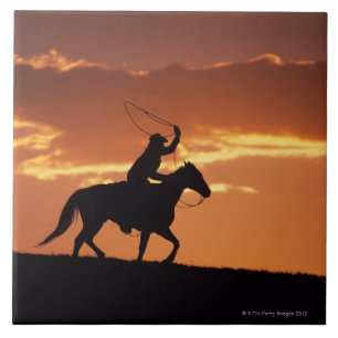 Silhouette of cowboy on horseback near Fairplay, Ceramic Tile