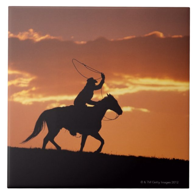 Silhouette of cowboy on horseback near Fairplay, Ceramic Tile (Front)