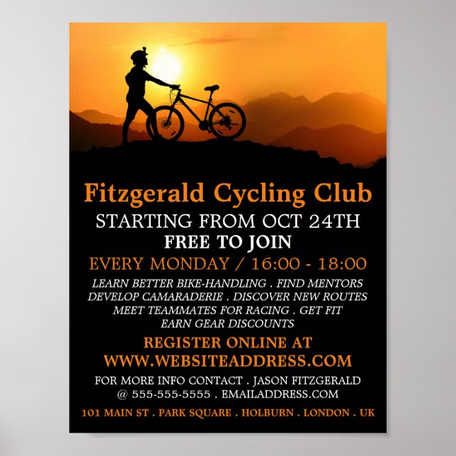 Silhouette of Cyclist, Cycling Club Advertising Poster (Front)