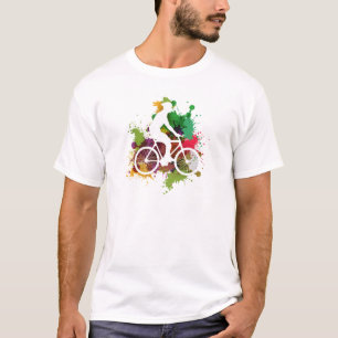 Silhouette of Cyclist on Multi Paint Splatter T-Shirt