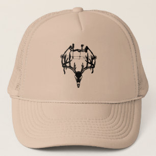 Silhouette of Deer Skull and Compound Bow Trucker Hat