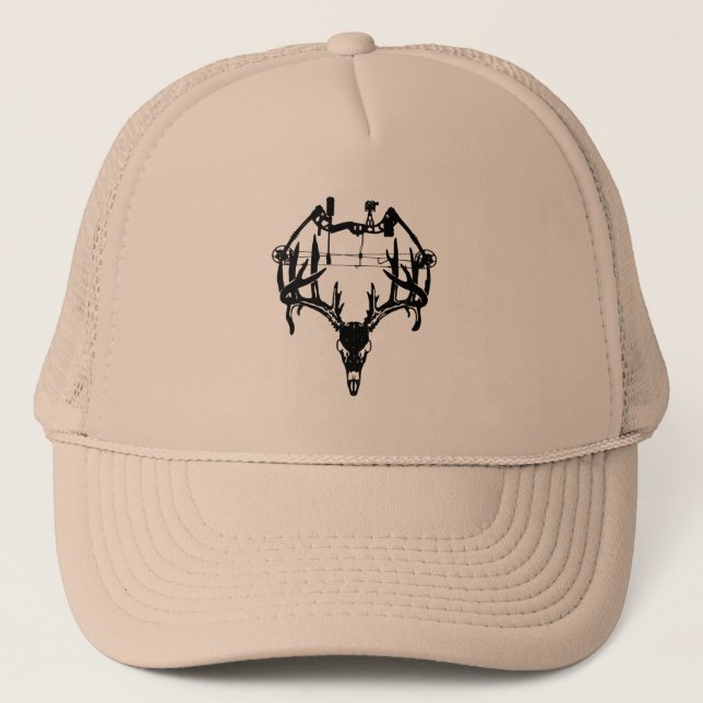Silhouette of Deer Skull and Compound Bow Trucker Hat (Front)