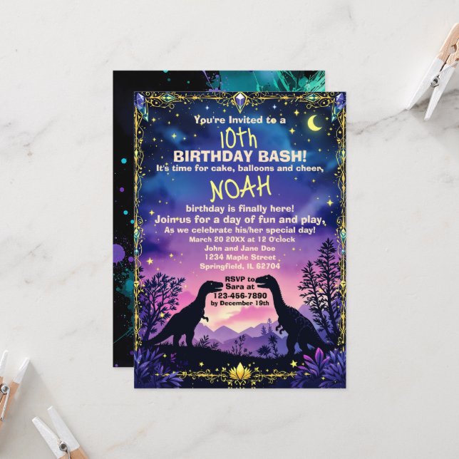 Silhouette of dino with nighttime dinosaur theme invitation (Front/Back In Situ)