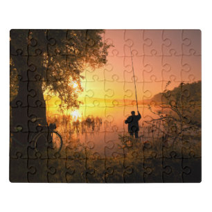 Silhouette of Fisherman on Lake at Sunset Jigsaw Puzzle