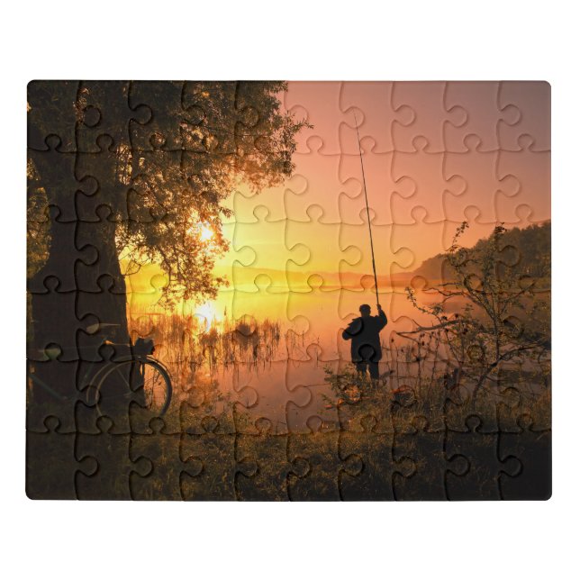 Silhouette of Fisherman on Lake at Sunset Jigsaw Puzzle (Puzzle Horizontal)