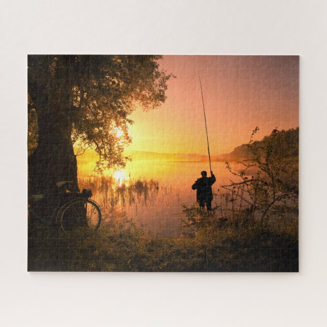 Silhouette of Fisherman on Lake at Sunset Jigsaw Puzzle (Horizontal)