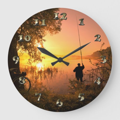 Silhouette of Fisherman on Lake at Sunset Large Clock