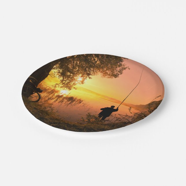 Silhouette of Fisherman on Lake at Sunset Paper Plates (Angled)