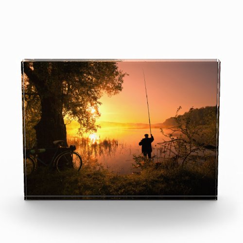 Silhouette of Fisherman on Lake at Sunset Photo Block