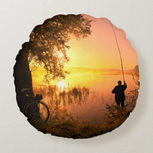 Silhouette of Fisherman on Lake at Sunset Round Pillow